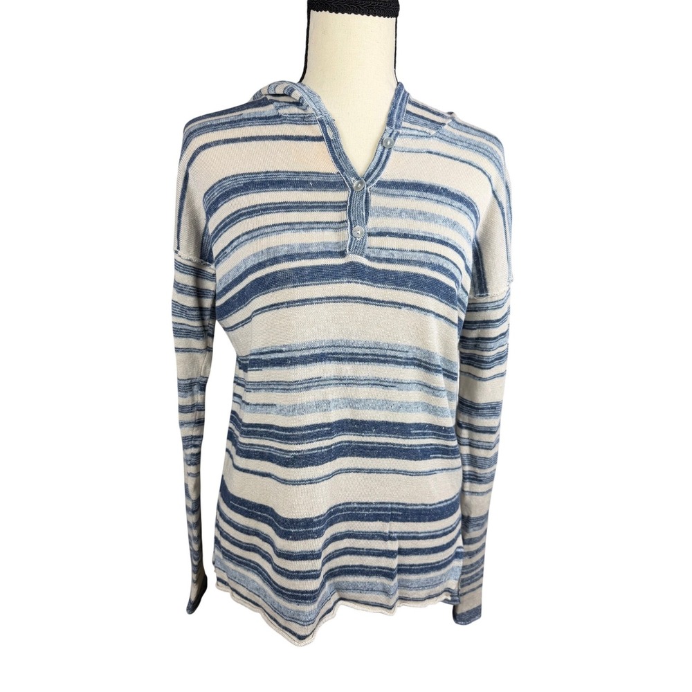 Chaser Striped Henley Knit Hoodie Blue Cream‎ Lightweight Pullover Sweater
